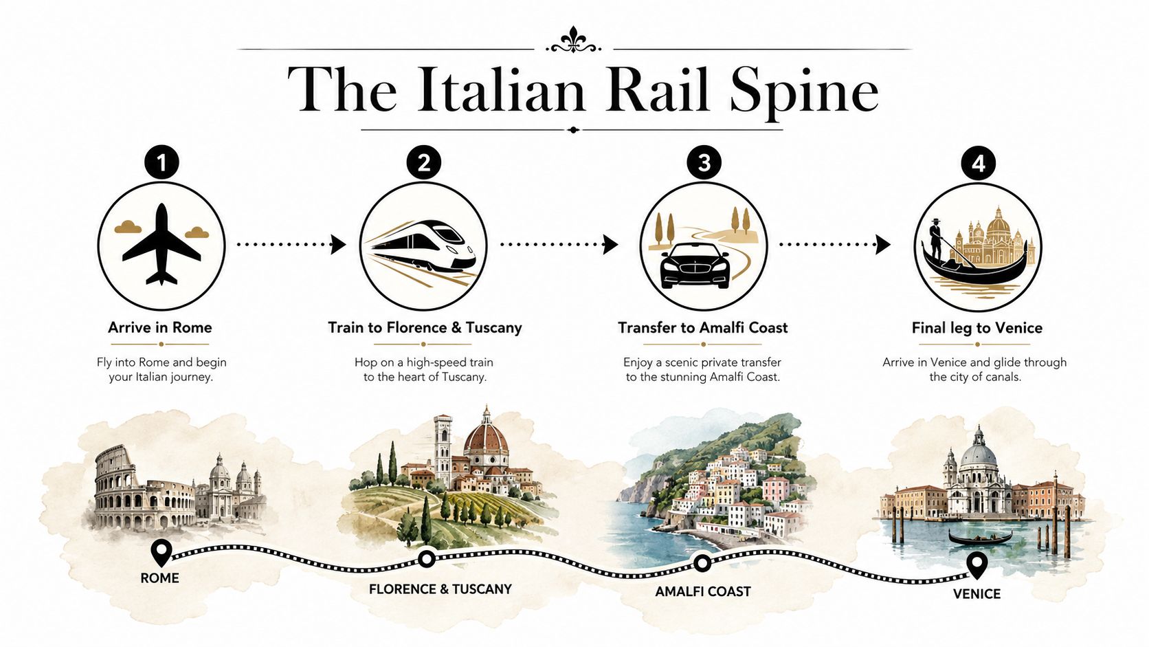 A travel infographic showing the Italian Rail Spine itinerary from Rome to Florence, Amalfi Coast, and Venice.