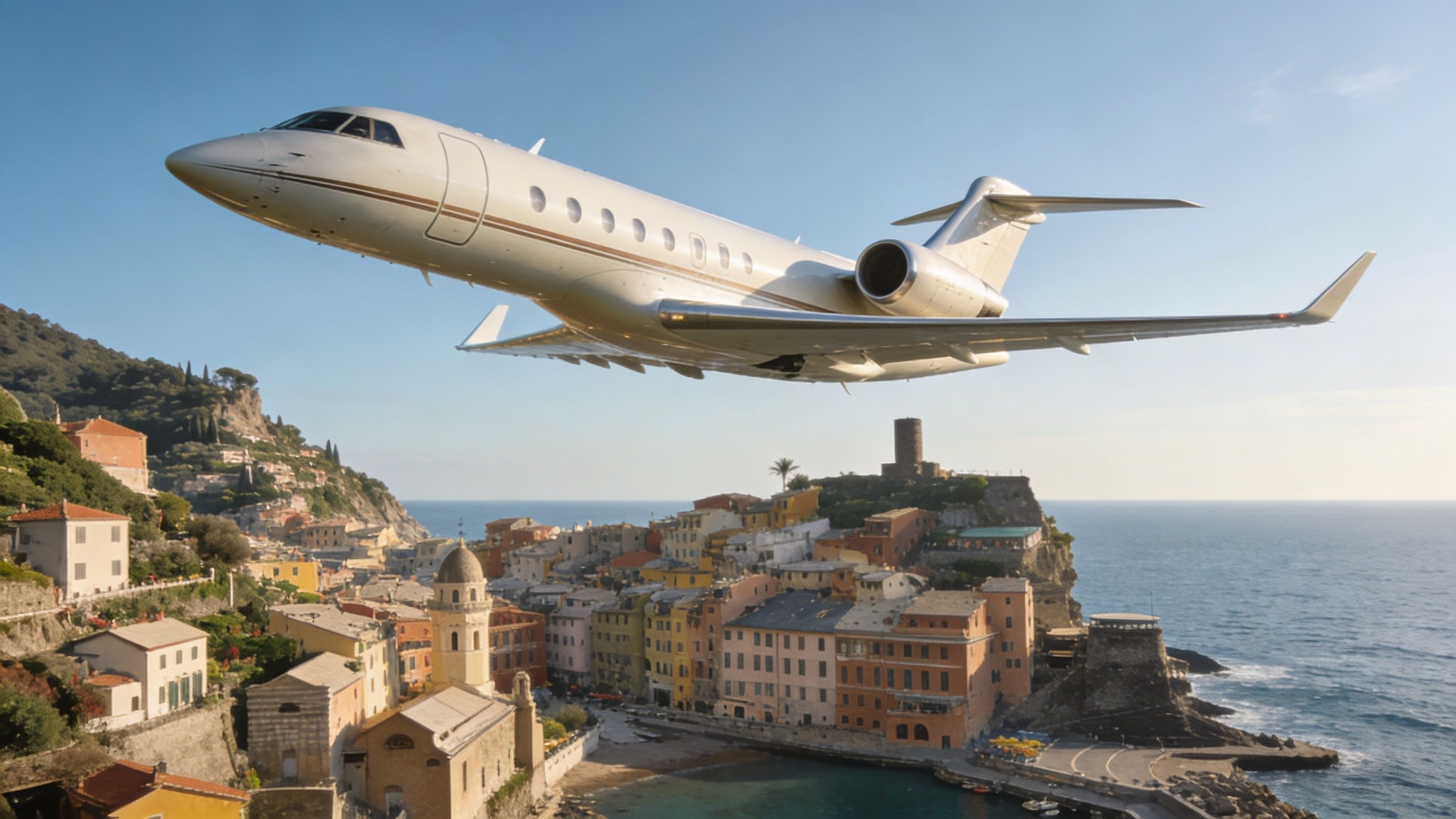 A luxurious private jet flying over the colorful coastal town of Vernazza in Italy by the sea.