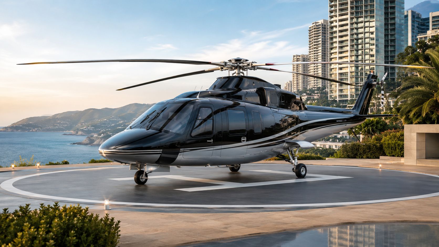 A sleek black and silver Sikorsky S-76 helicopter parked on a modern helipad overlooking the ocean.