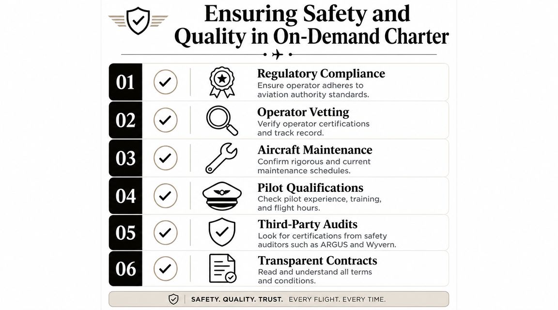 An infographic detailing six essential steps to ensure safety and quality in on-demand private jet charter services.