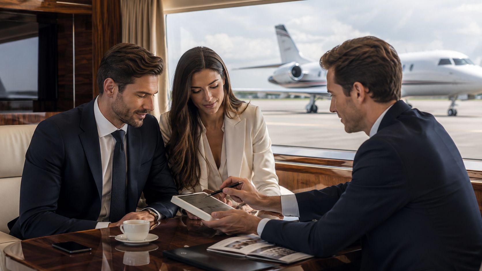 Three business professionals in suits reviewing documents inside a luxury private jet cabin before their flight.