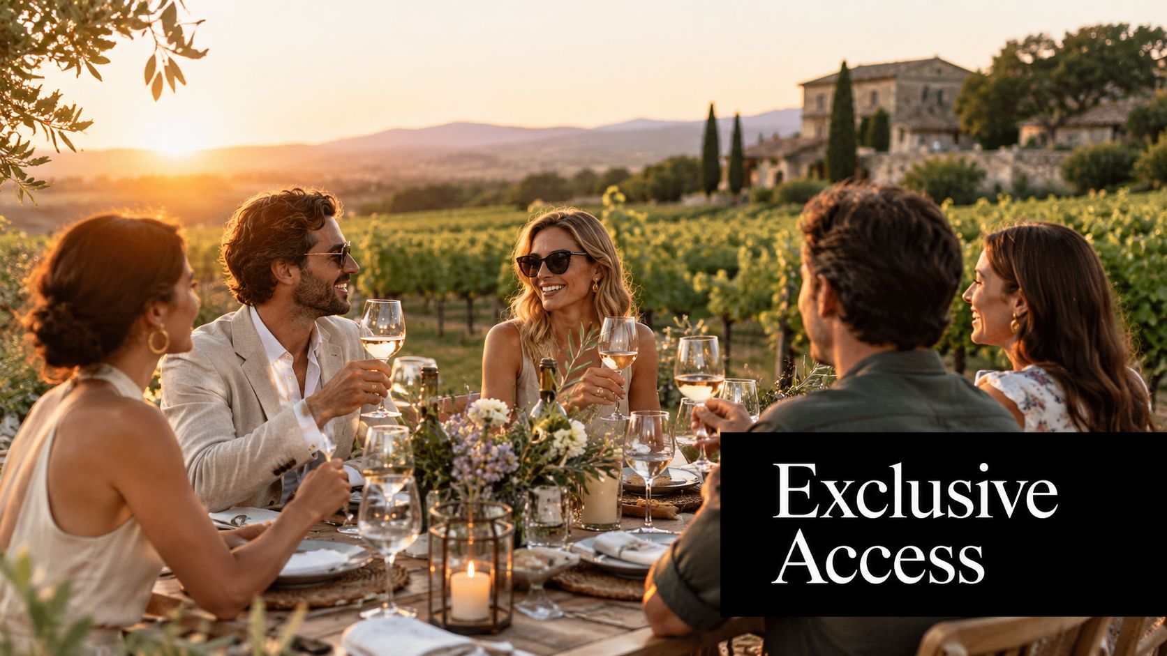 A group of friends enjoying wine and conversation during a beautiful sunset dinner at a vineyard.