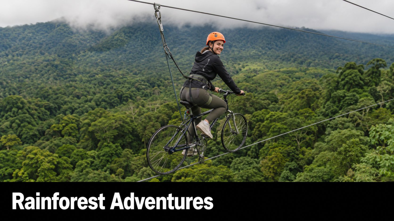 A woman riding a specialized zipline bicycle suspended above a lush, dense green rainforest in Ecuador.