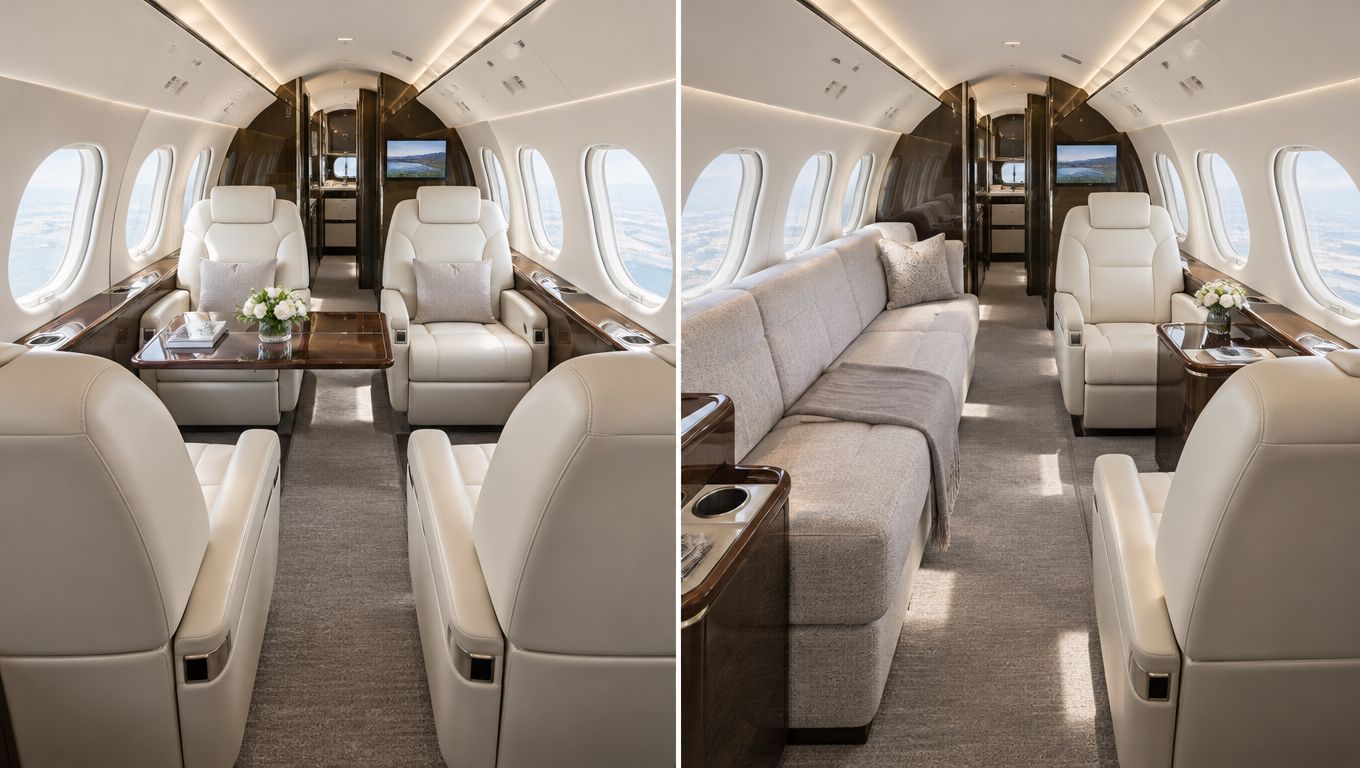 A split view showing the luxurious white leather seating and spacious interior of a modern private jet cabin.