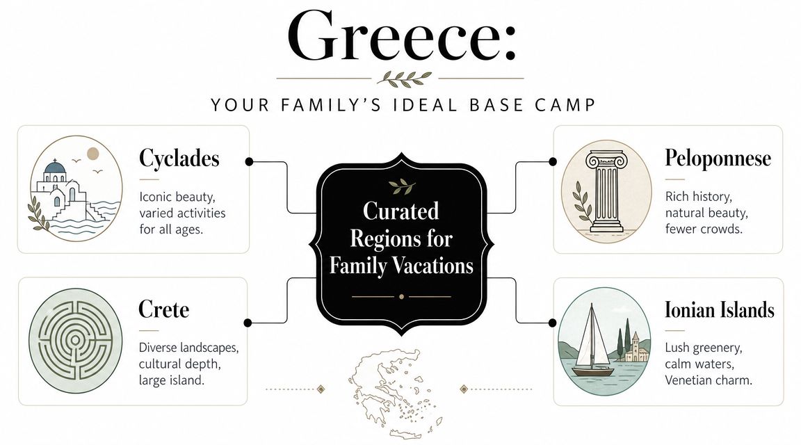 A travel infographic titled Greece showing four recommended regions for family vacations: Cyclades, Peloponnese, Crete, and Ionian Islands.