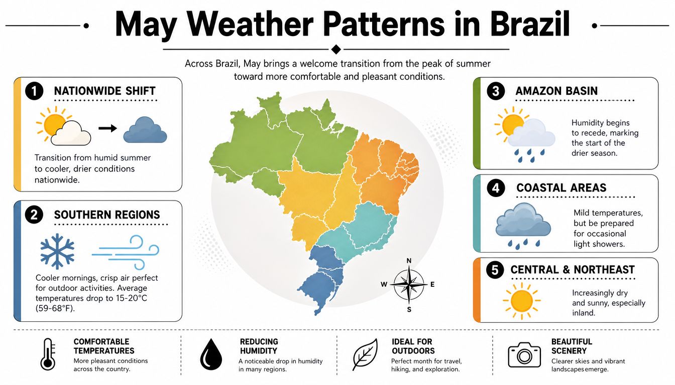 An infographic showing regional weather patterns across Brazil during the month of May with descriptive illustrations.