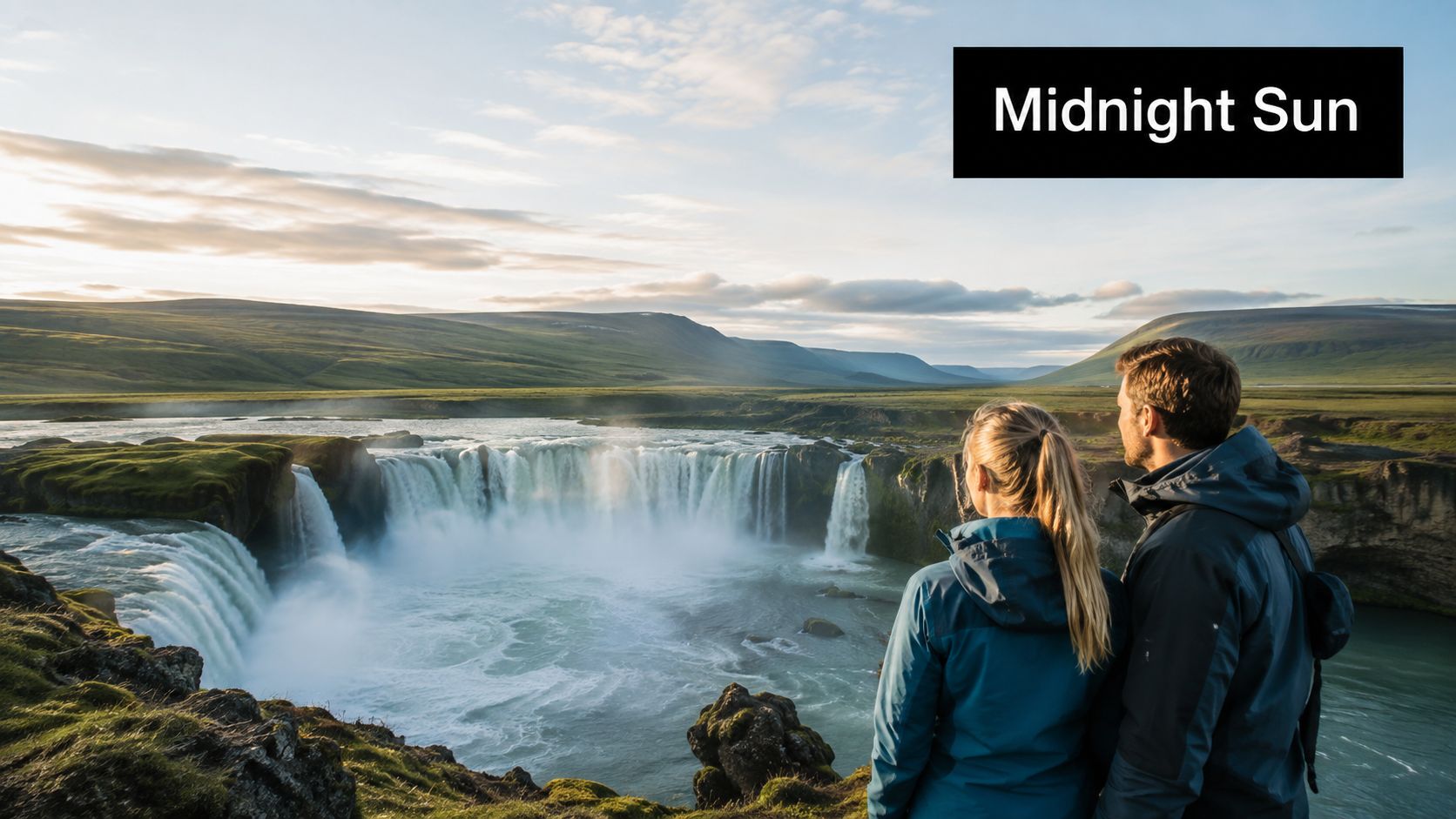 A couple standing together and admiring the majestic Goðafoss waterfall under the scenic midnight sun in Iceland.