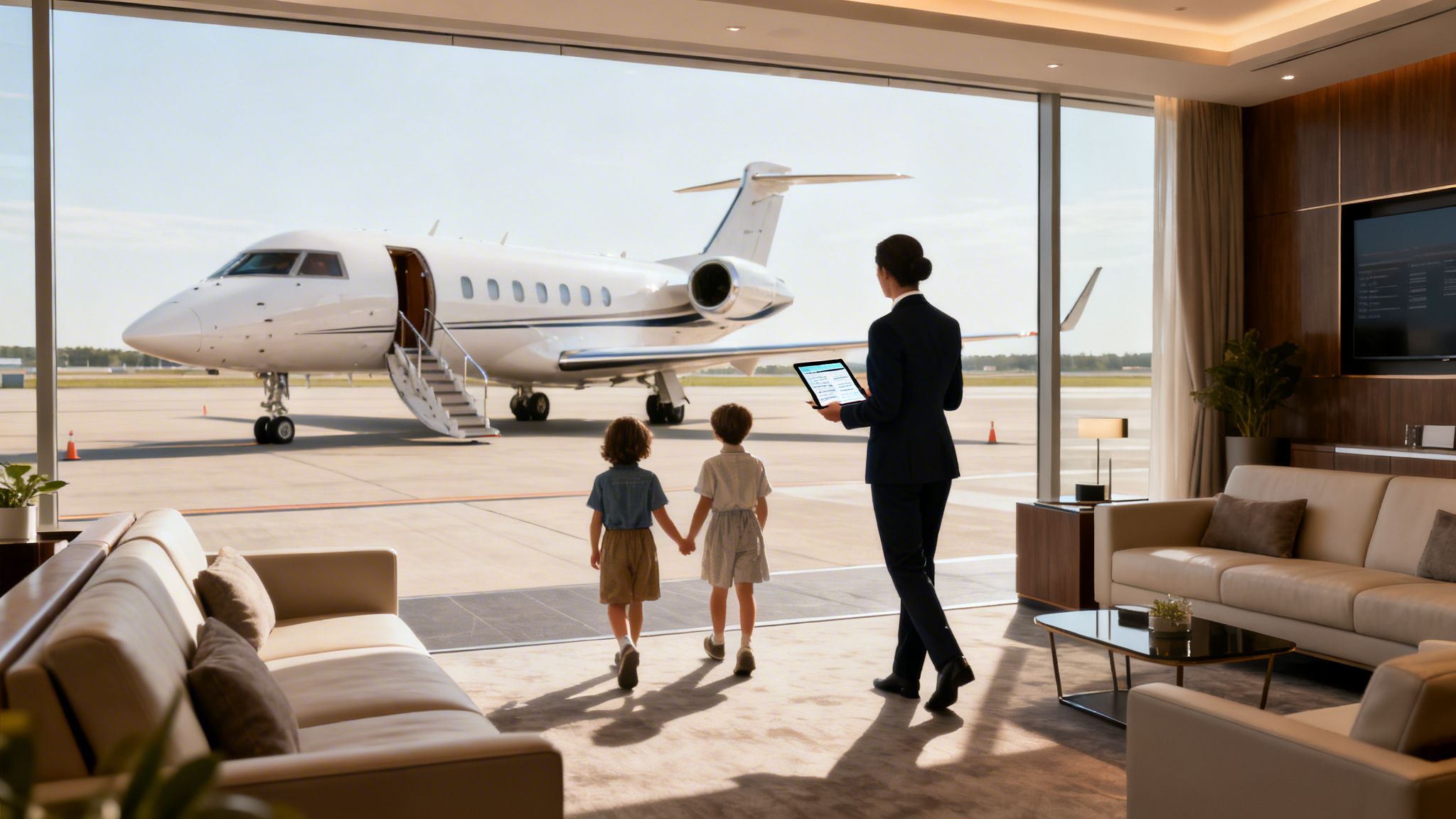 A woman and two children walk from a luxurious lounge towards a private jet on the tarmac.