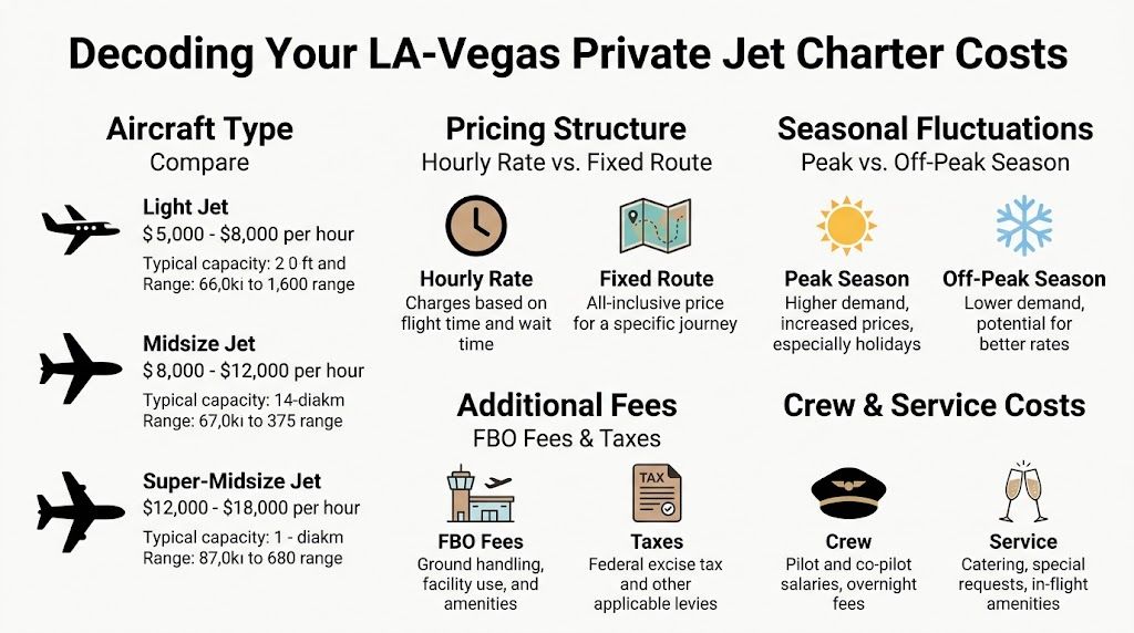 An infographic detailing various costs associated with booking a private jet charter from Los Angeles to Las Vegas.