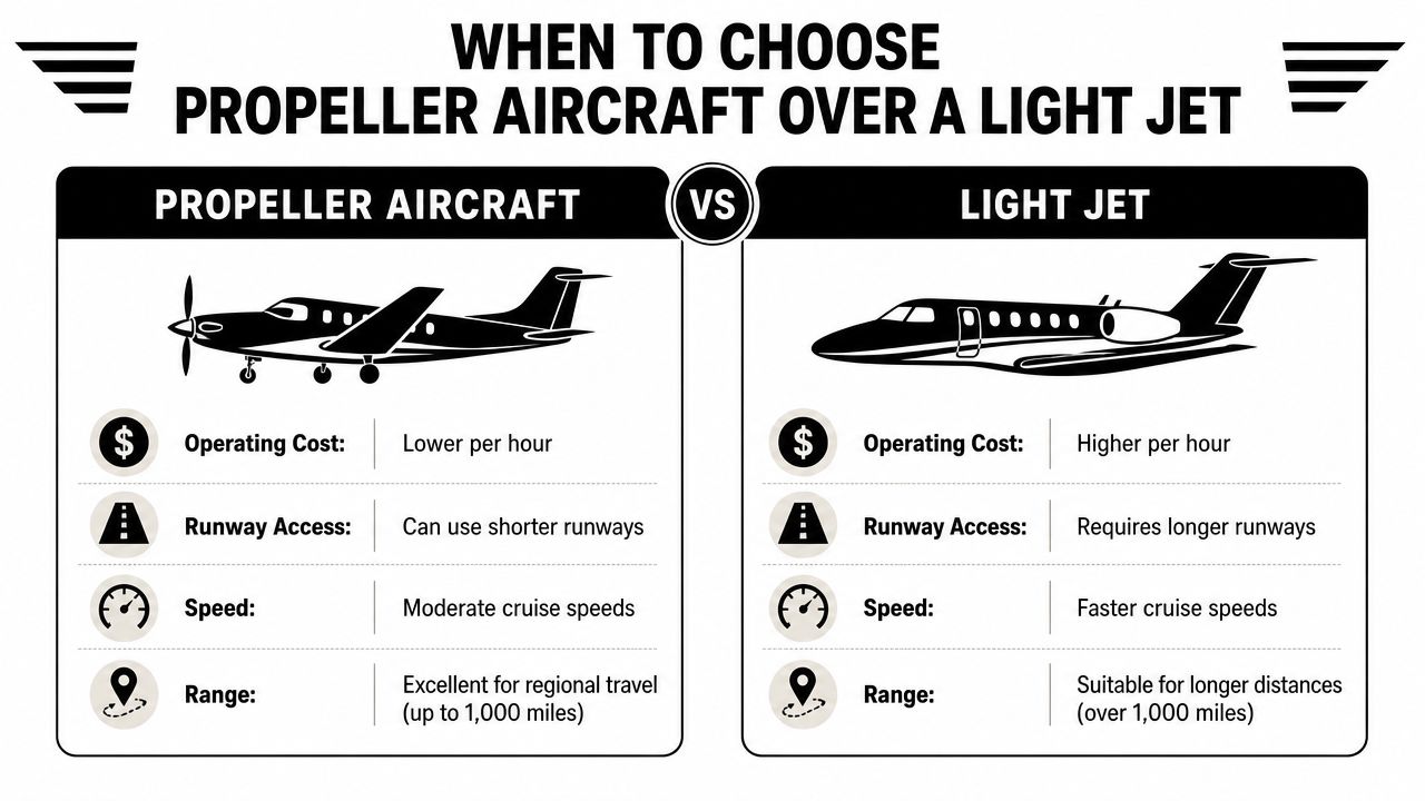 A comparison infographic showing the differences between propeller aircraft and light jets in cost, runway access, speed, and range.