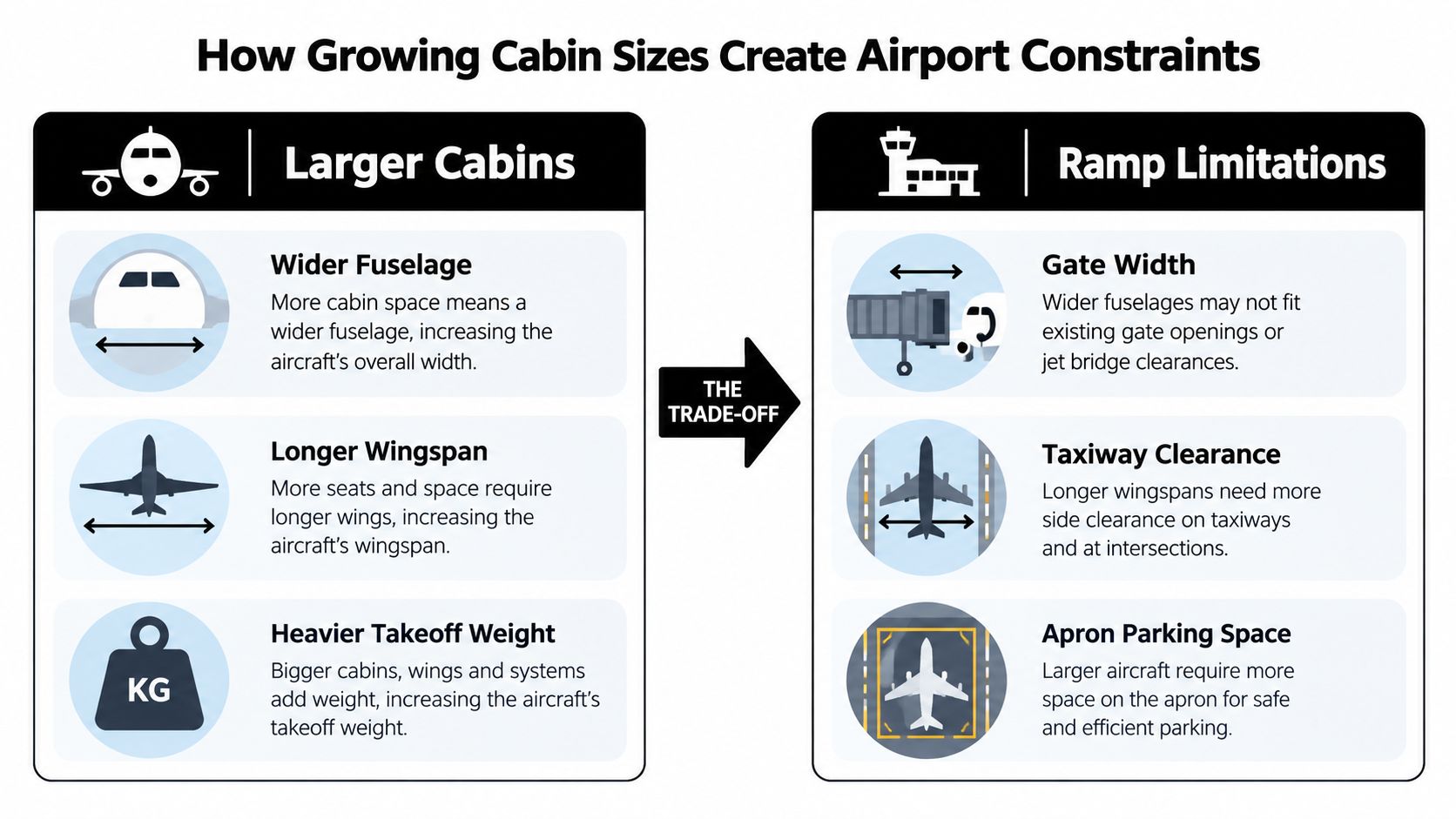 An infographic showing how increased aircraft cabin sizes create infrastructure constraints at airports for ground operations.
