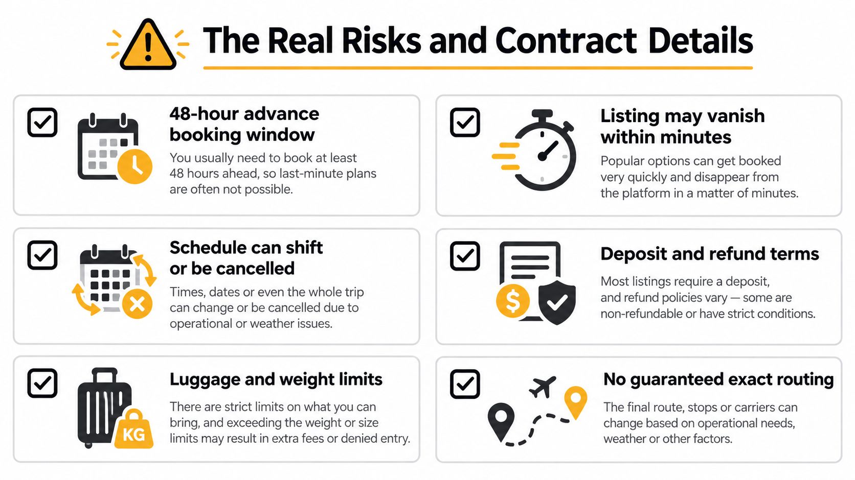 A list of potential risks and important contract considerations for booking private air travel services.