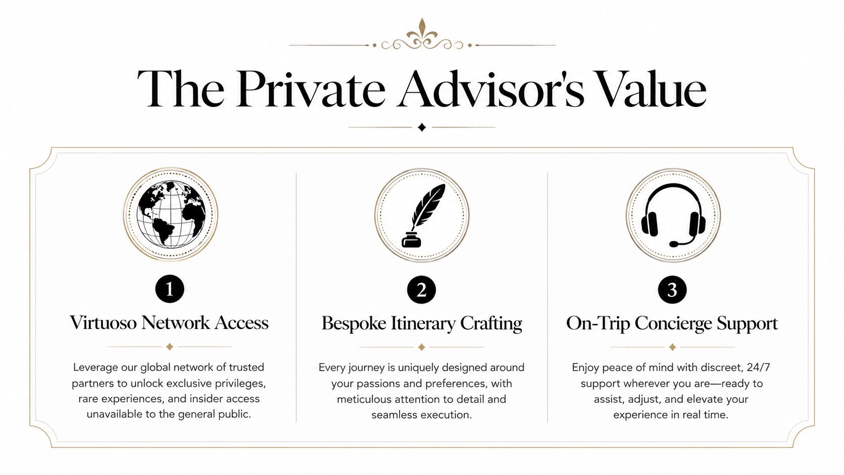An infographic detailing the three key benefits of a private travel advisor for luxury personalized journeys.