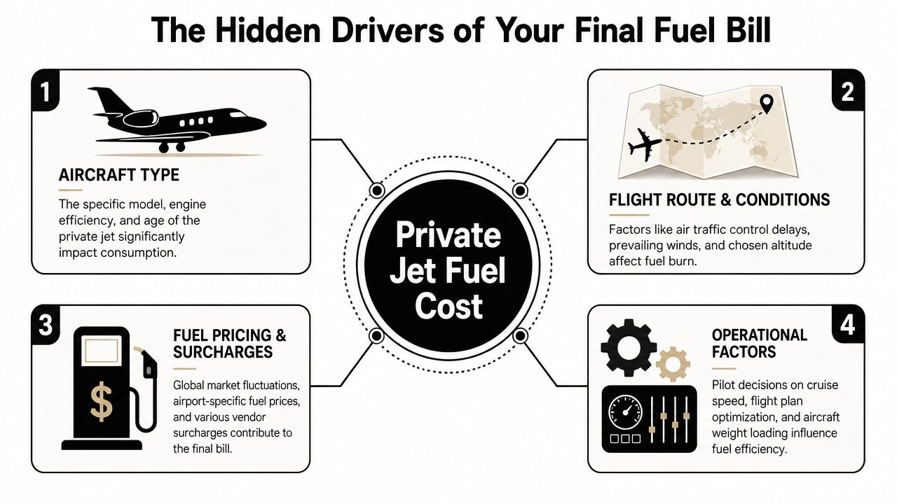 An infographic showing four key factors that influence the total fuel cost of private jet flights.