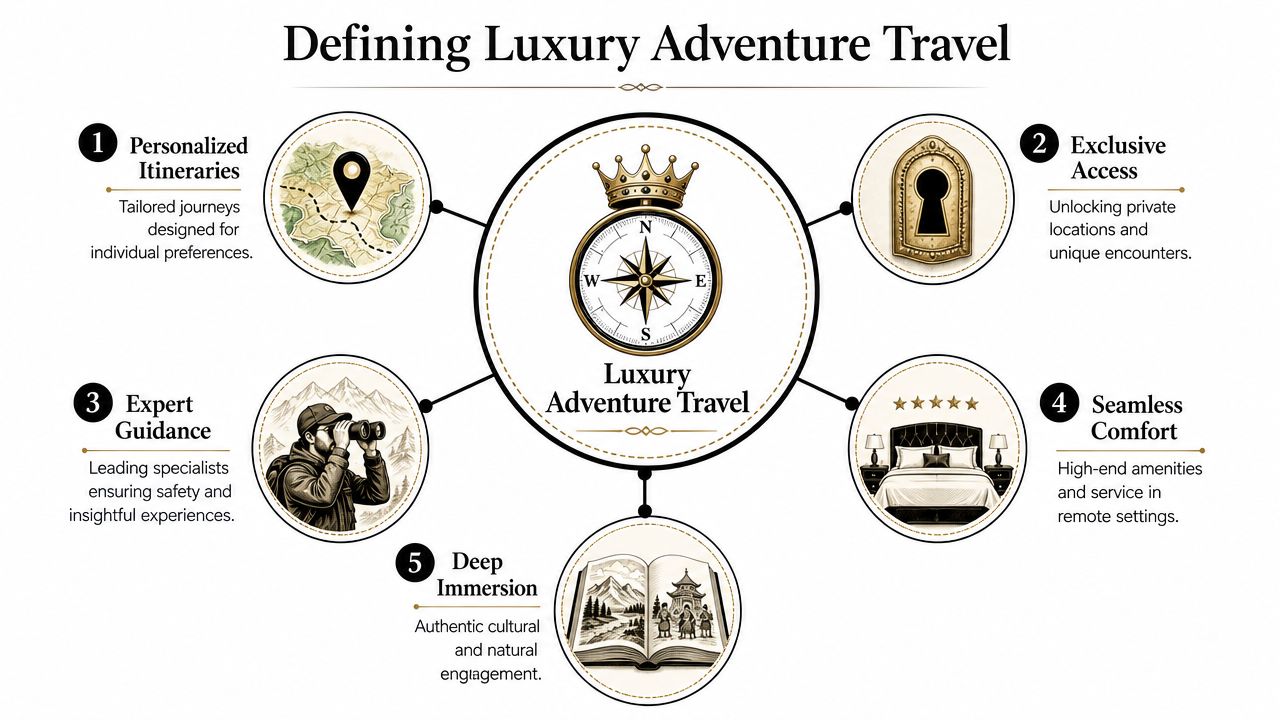 An infographic defining the five pillars of luxury adventure travel using circular icons and descriptive text.