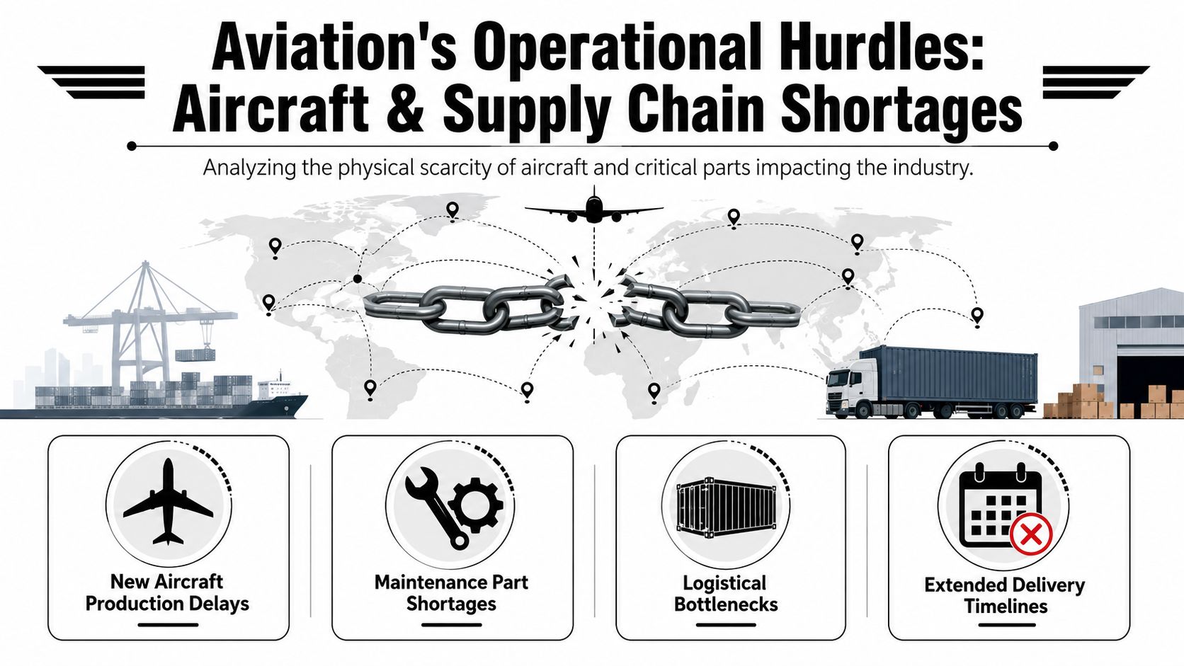An infographic showing aviation industry challenges including aircraft production delays, part shortages, and logistics bottlenecks.