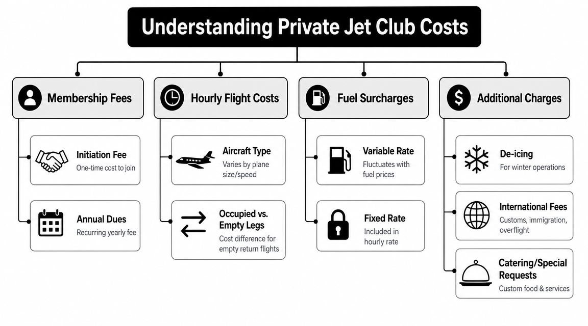 A diagram outlining the various cost components of joining and flying with a private jet club.