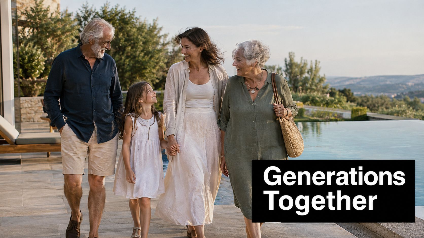 A multi-generational family walking together outdoors by a pool during a relaxing summer family vacation.