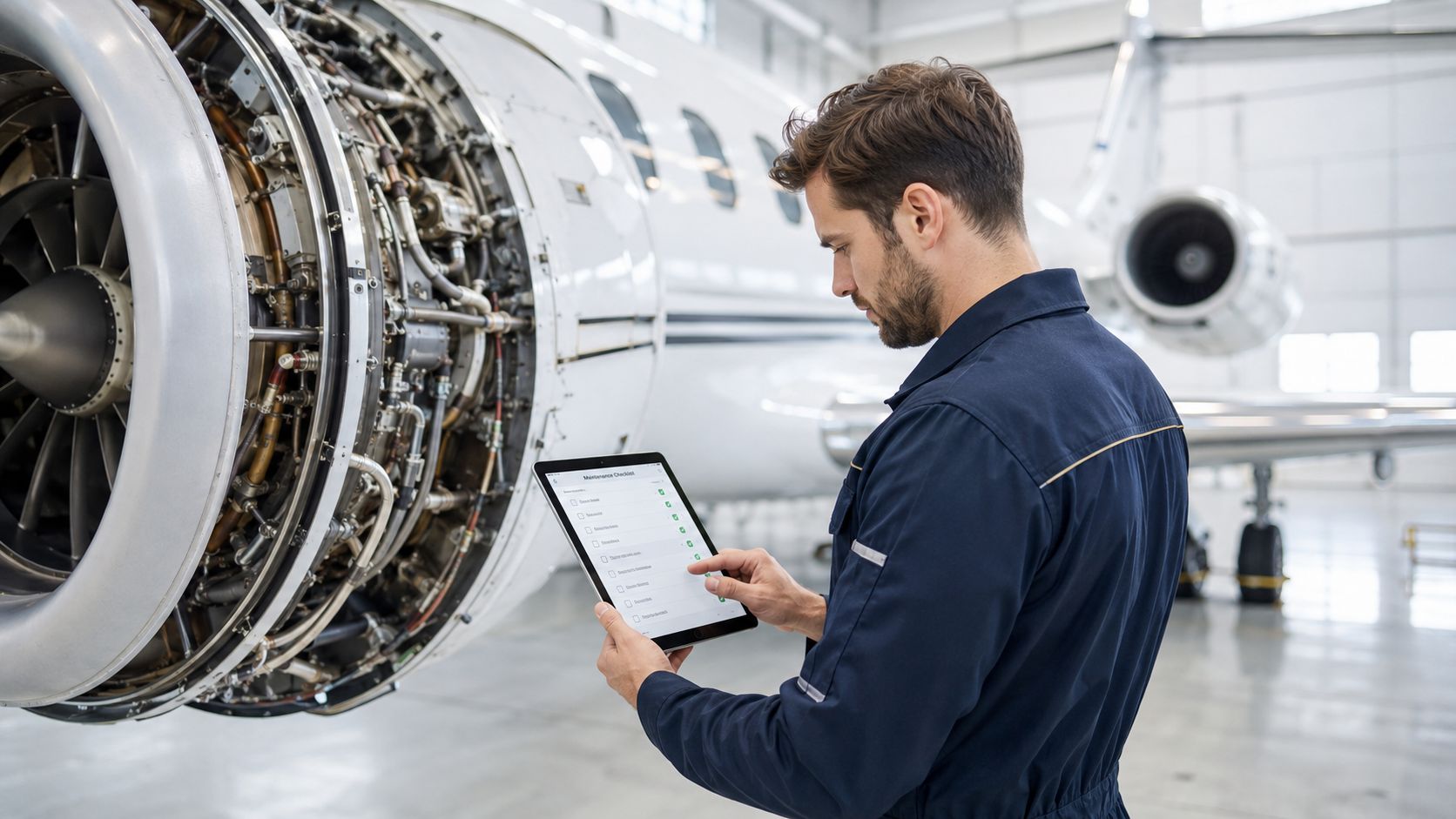 An aircraft maintenance technician using a digital tablet to inspect a jet engine in a hangar.