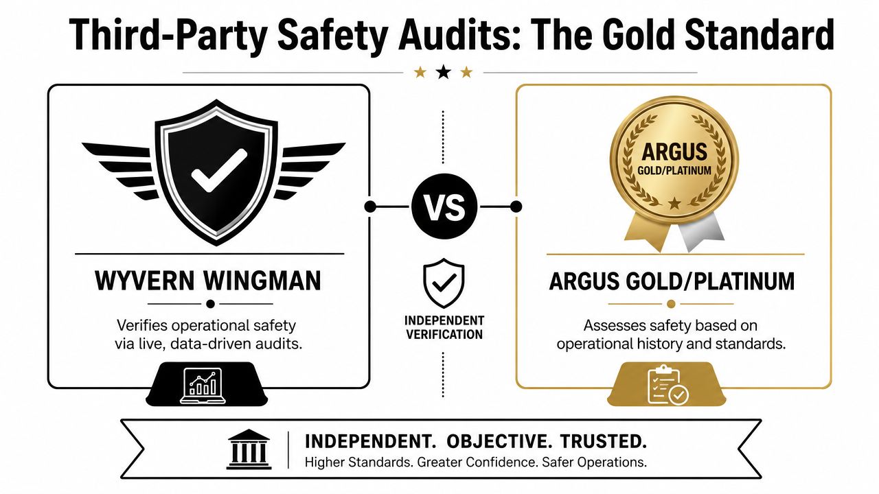 An infographic comparing Wyvern Wingman and Argus Gold/Platinum third-party aviation safety audit standards for private jet operations.