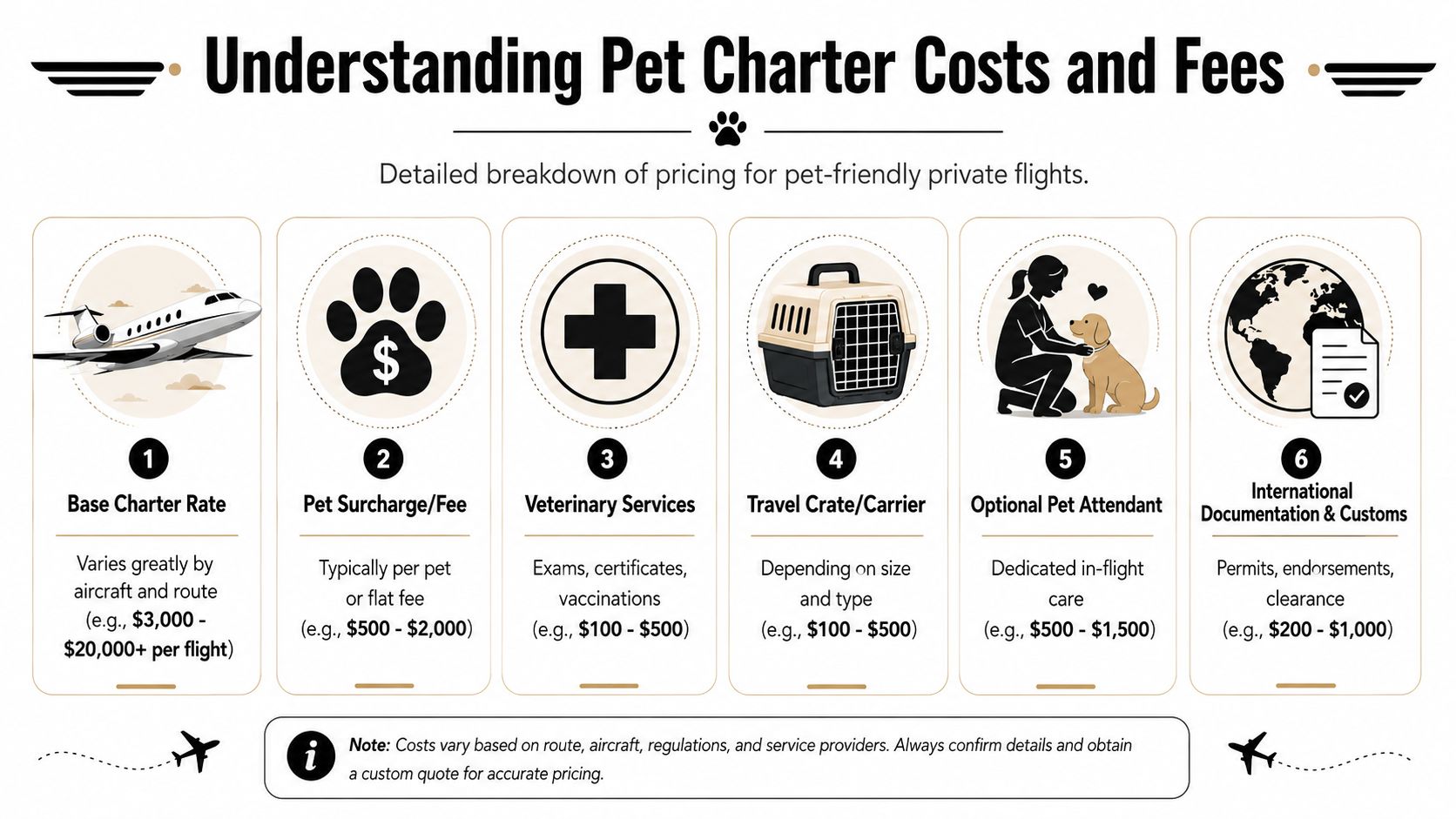 An infographic detailing the various costs and fees associated with booking pet-friendly private charter flights.