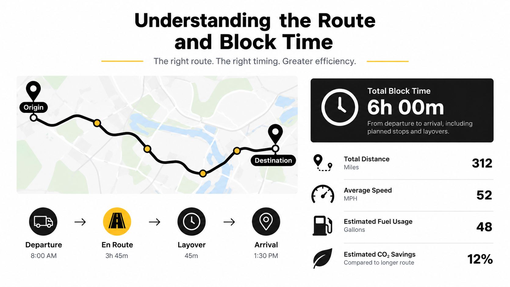 An infographic showing route efficiency metrics like total block time, distance, speed, fuel usage, and CO2 savings.