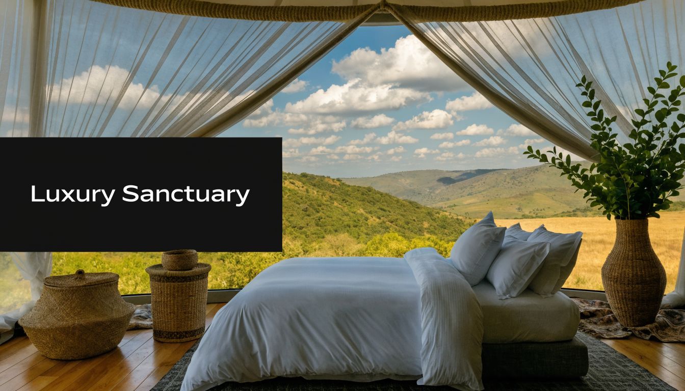 A luxurious tented bedroom with a comfortable bed overlooking rolling green hills and a bright cloudy sky.