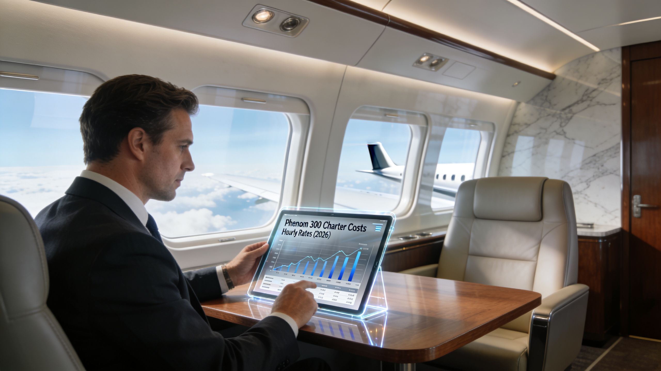 A businessman in a private jet reviews a chart showing Phenom 300 charter hourly rates on a tablet.
