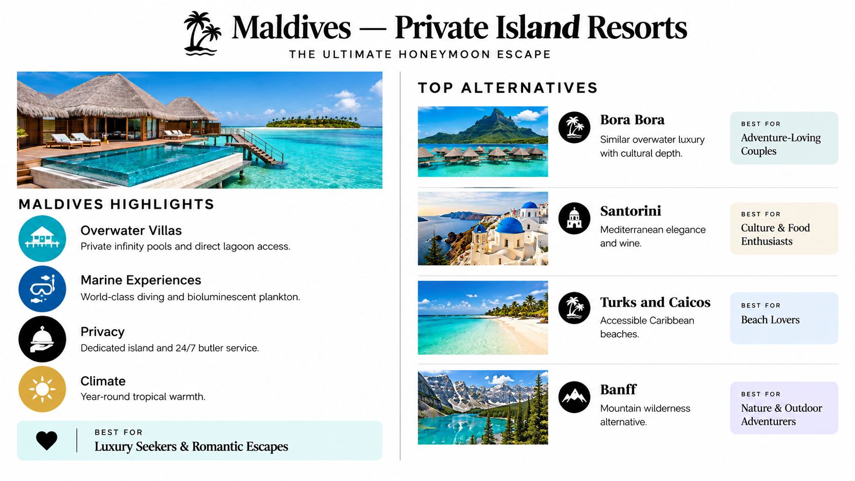 A travel infographic comparing Maldives private island resorts with other top global honeymoon destination alternatives.