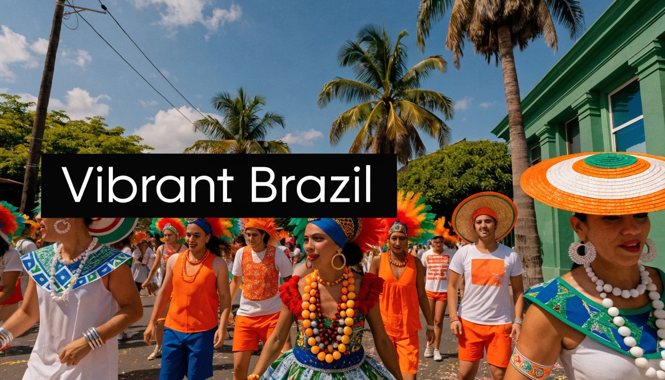 A group of people wearing colorful, traditional costumes walking together during a festive carnival parade in Brazil.