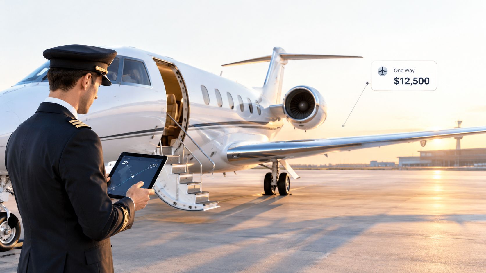 A professional pilot in uniform checks a flight plan on a tablet in front of a private jet.