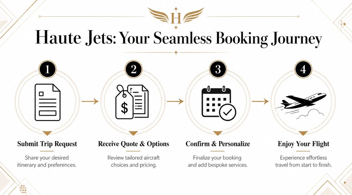 A diagram illustrating the four-step process for booking a private jet with Haute Jets service.