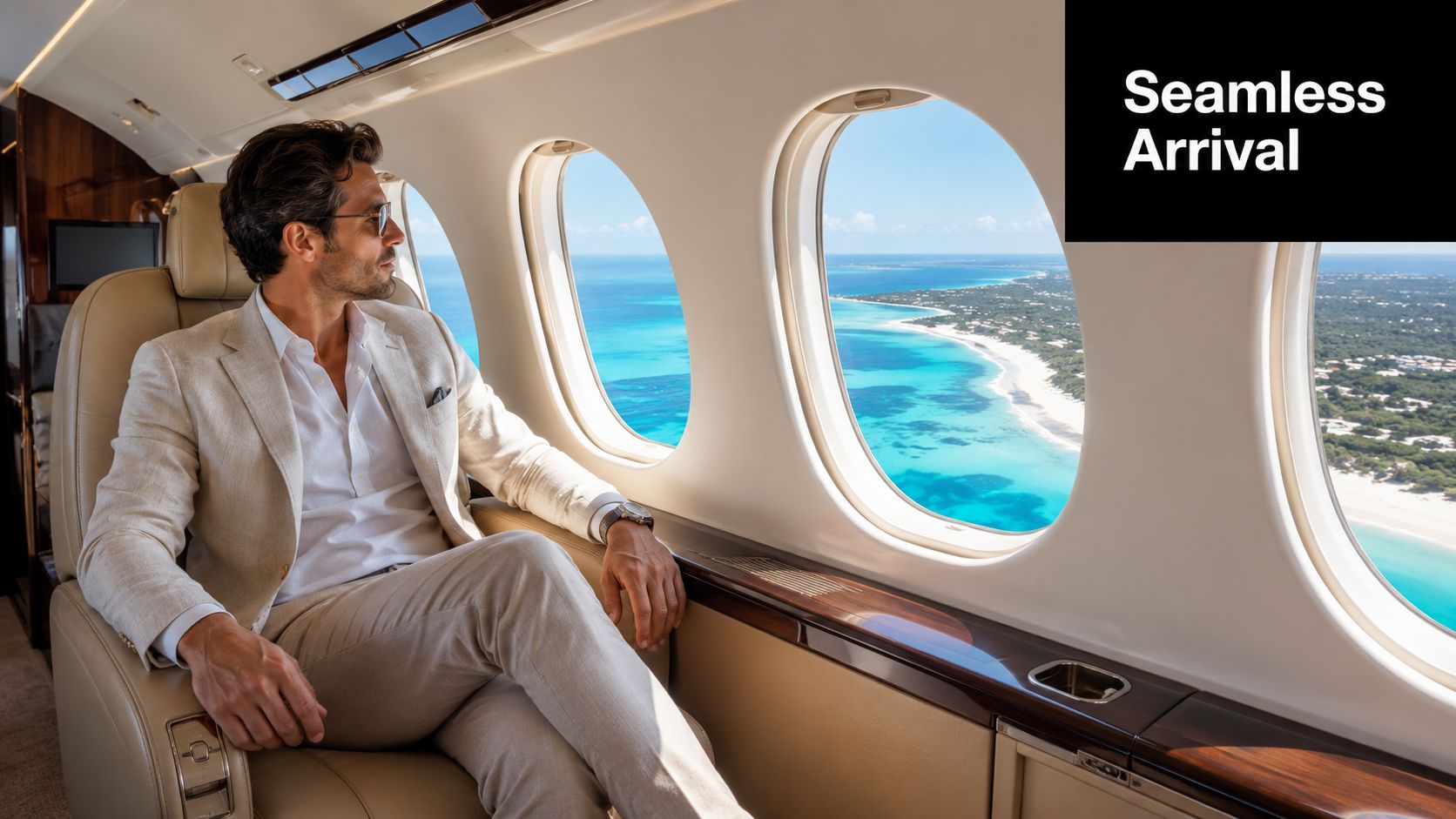 A stylish man looks out the window of a private jet at the clear blue Caribbean water.