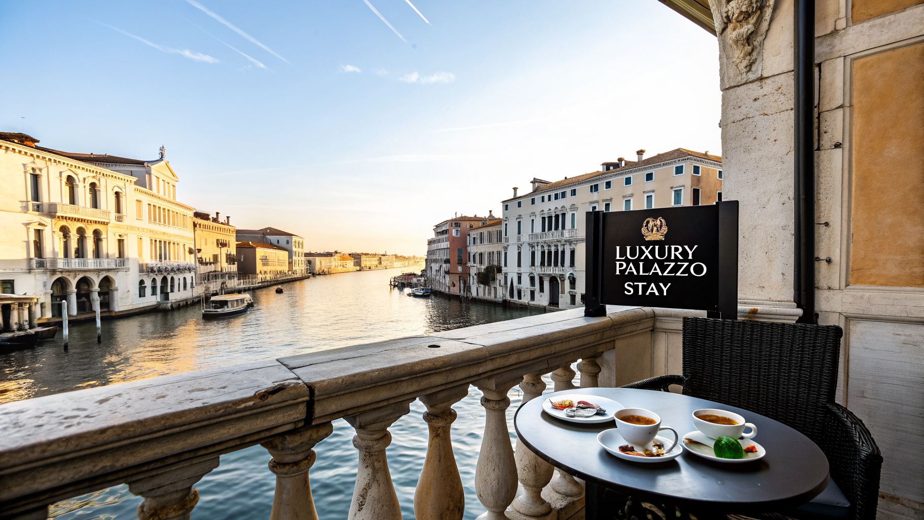 A picturesque balcony view of Venice's Grand Canal at sunrise, featuring breakfast and a Luxury Palazzo Stay sign.