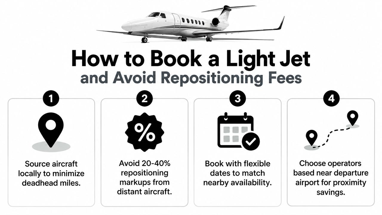An infographic titled How to Book a Light Jet and Avoid Repositioning Fees with four numbered tips.
