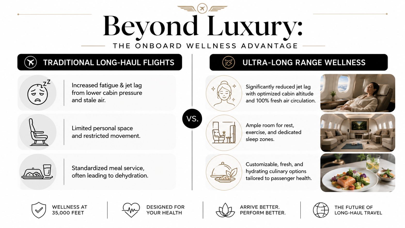 A comparison infographic between traditional long-haul flights and ultra-long range wellness for enhanced passenger experience.