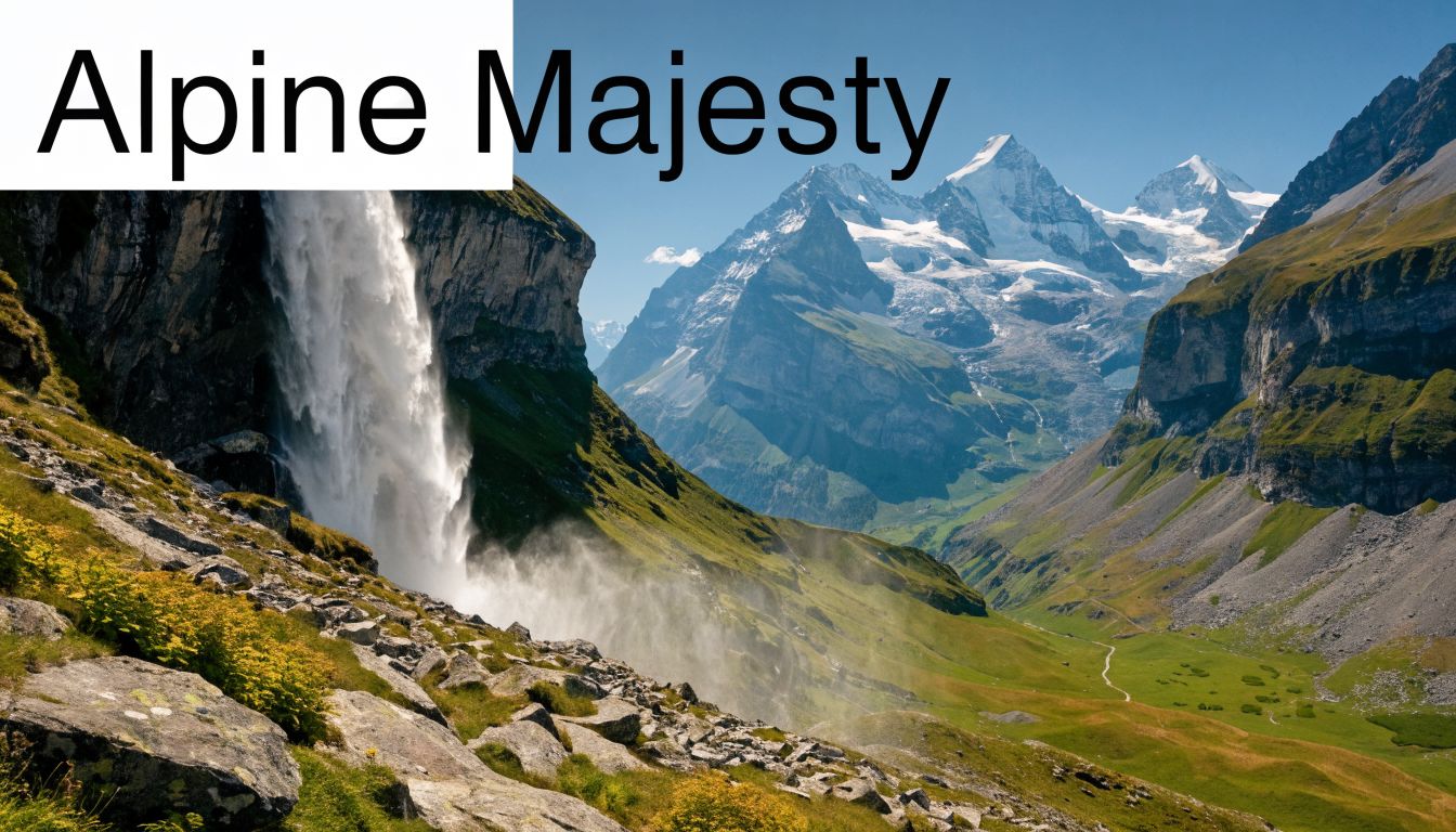 A breathtaking view of a majestic Swiss waterfall cascading into a lush green valley beneath snowy mountain peaks.