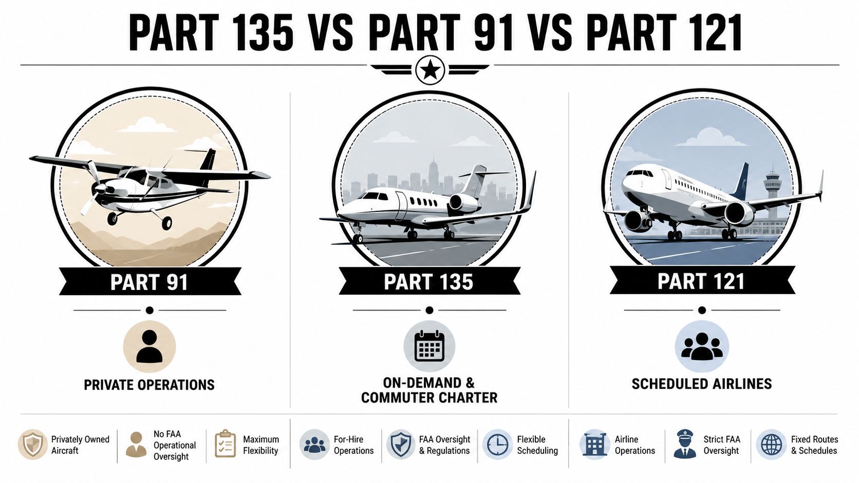A comparative infographic explaining the operational differences between FAA Part 91, Part 135, and Part 121 aviation regulations.
