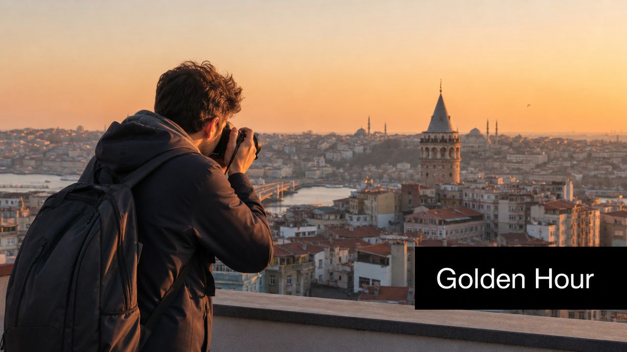 A photographer with a backpack captures the golden hour sunset over the Galata Tower in Istanbul.