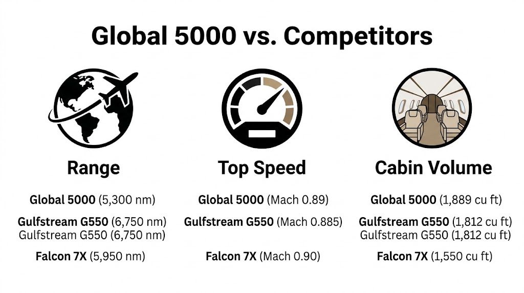A comparison chart showing the range, top speed, and cabin volume of Global 5000 and competitor jets.