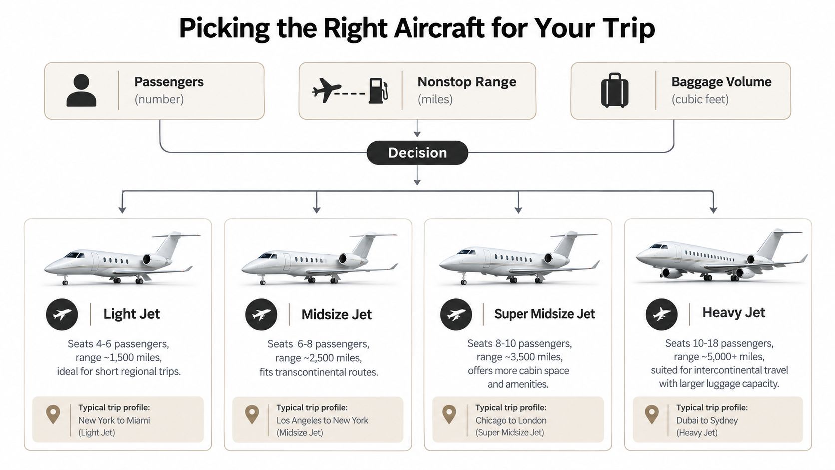 A flow chart illustrating how to choose the right private jet based on passengers, range, and baggage.