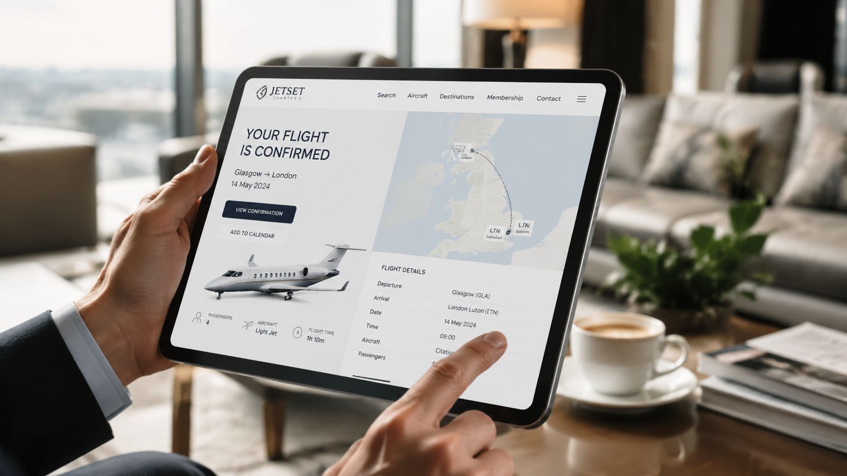 A person using a tablet to view a flight confirmation from Jetset Charters for a Glasgow to London trip.