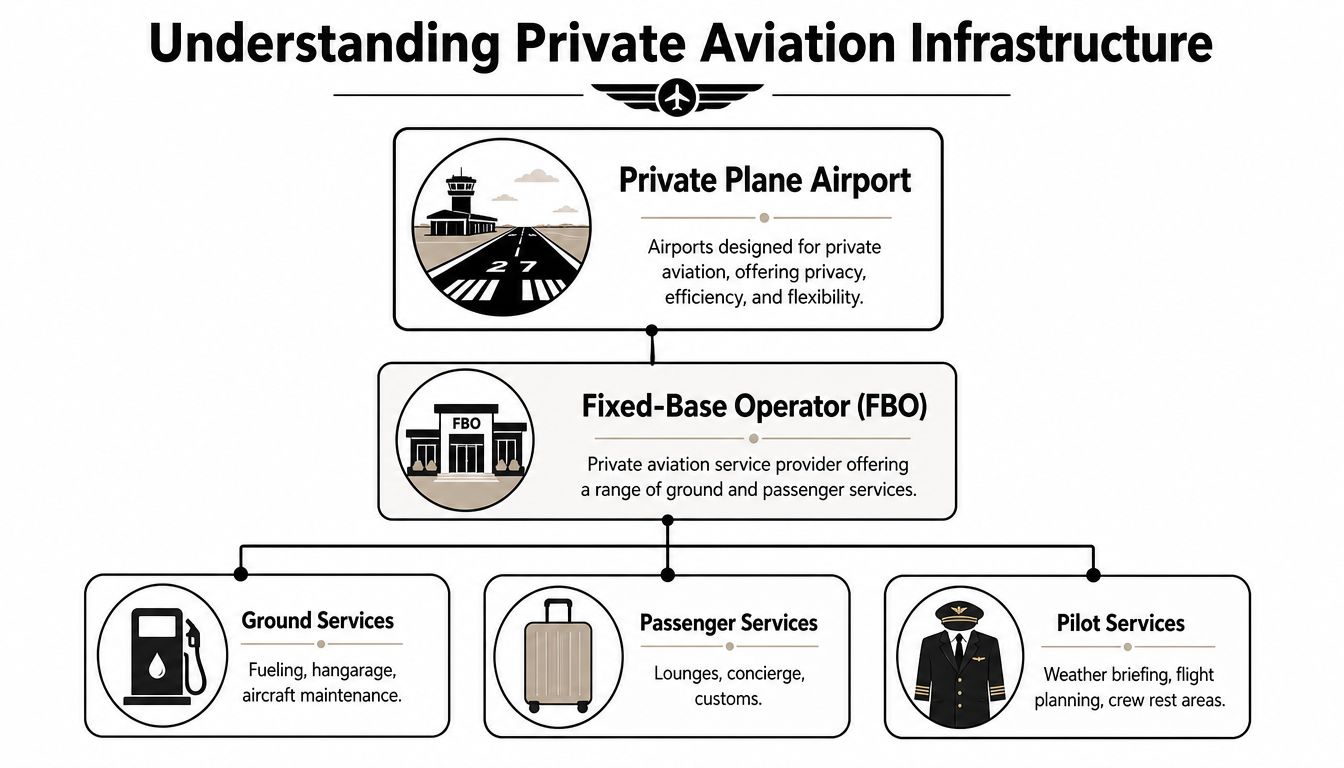 An infographic diagram explaining the private aviation infrastructure, including airports, fixed-base operators, and ground, passenger, and pilot services.