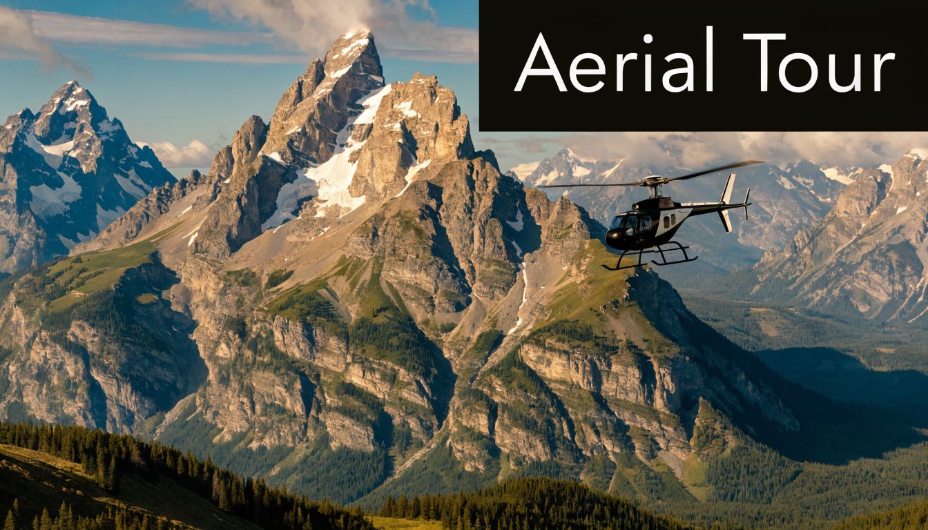 A helicopter flying over the scenic Grand Teton mountains during a beautiful daytime aerial tour.