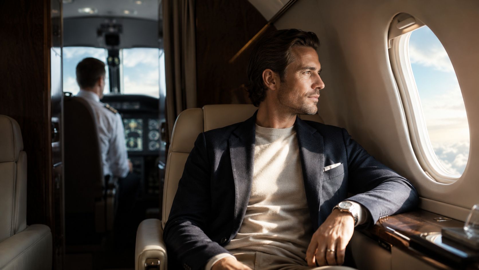 A sophisticated businessman in a suit looks out the window of a private jet during flight.