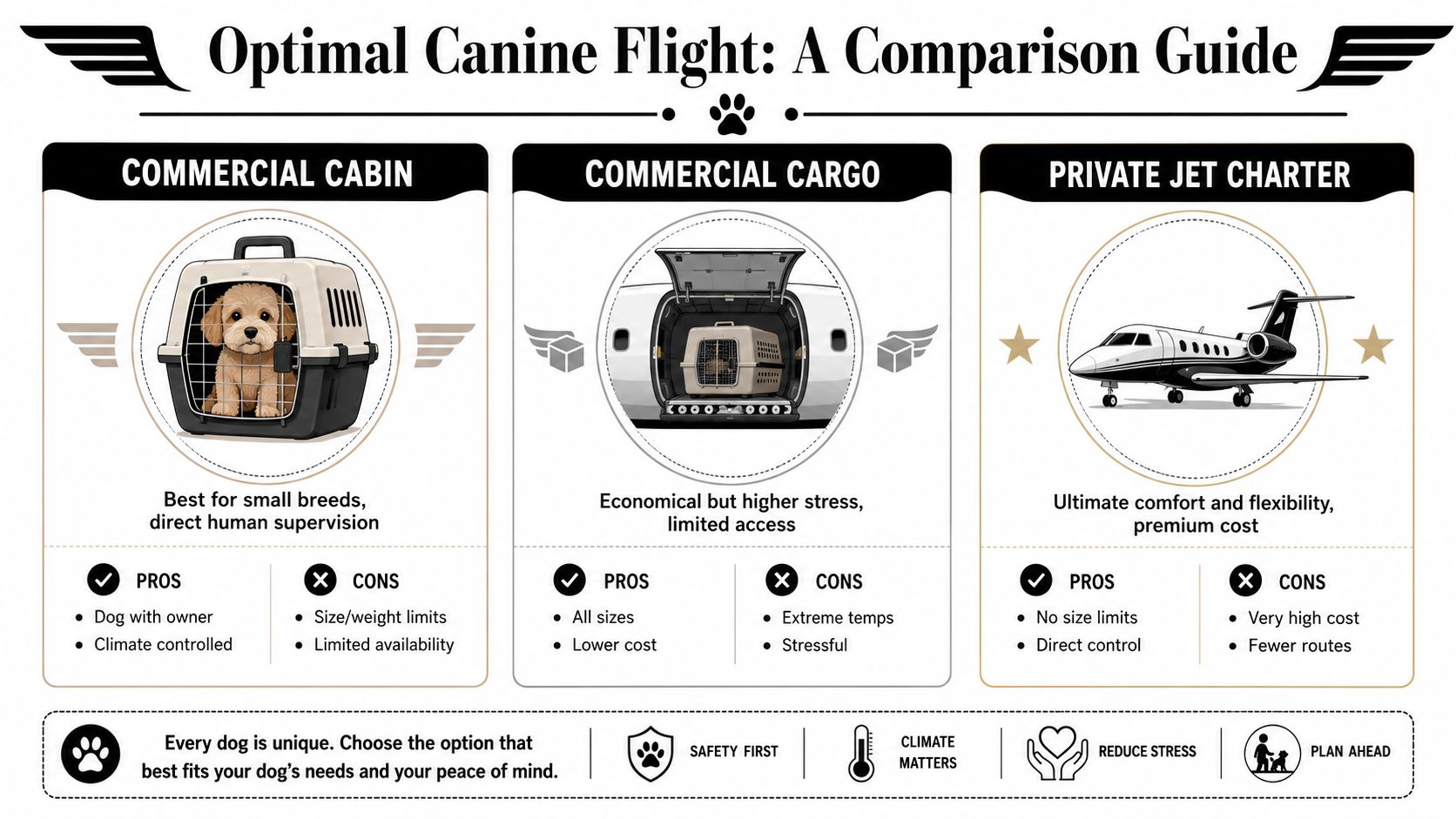A comparison guide for pet travel methods, showing commercial cabin, commercial cargo, and private jet charter options.