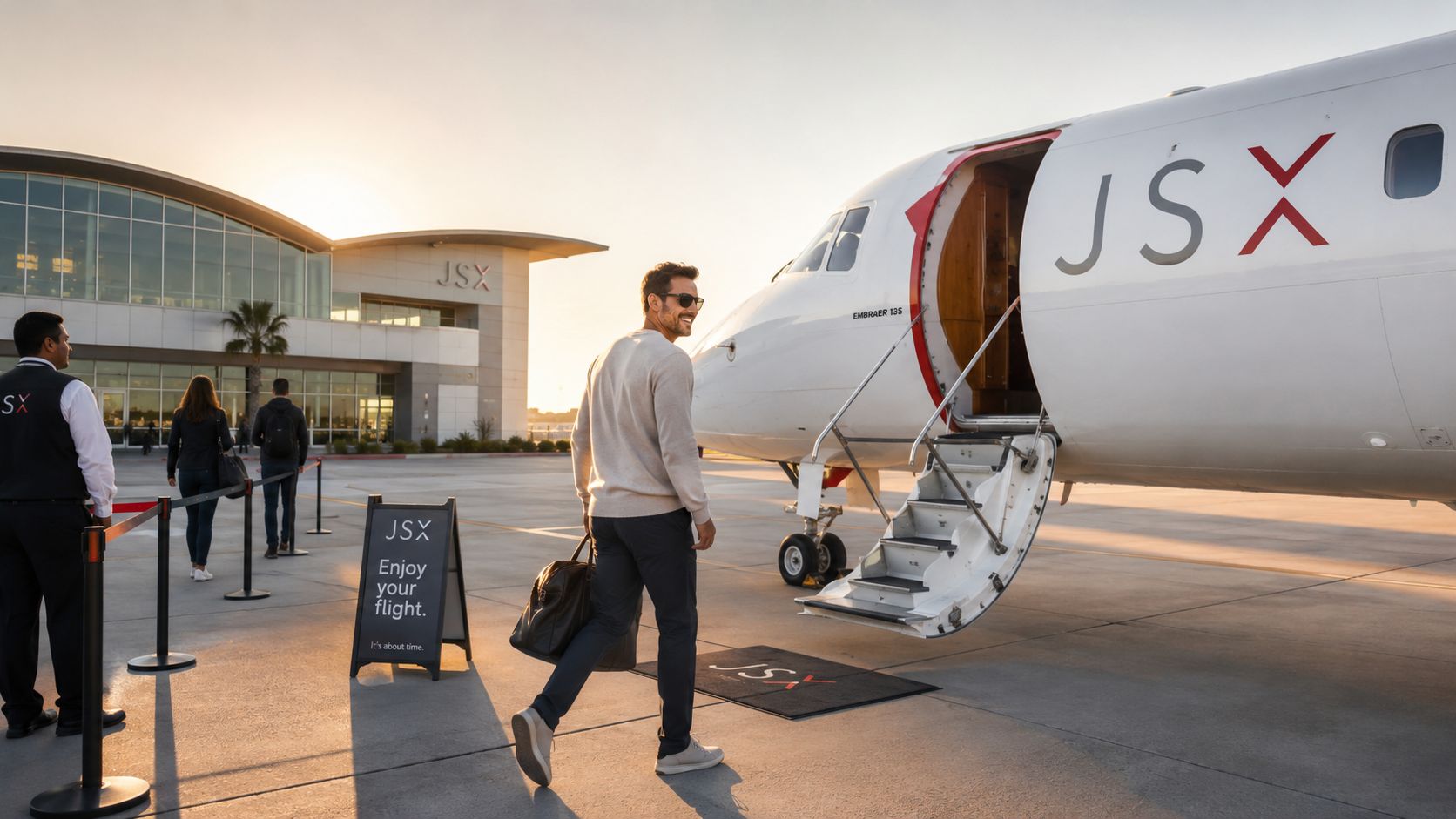 A smiling man walking towards a JSX private jet with his travel bag at an airport terminal.