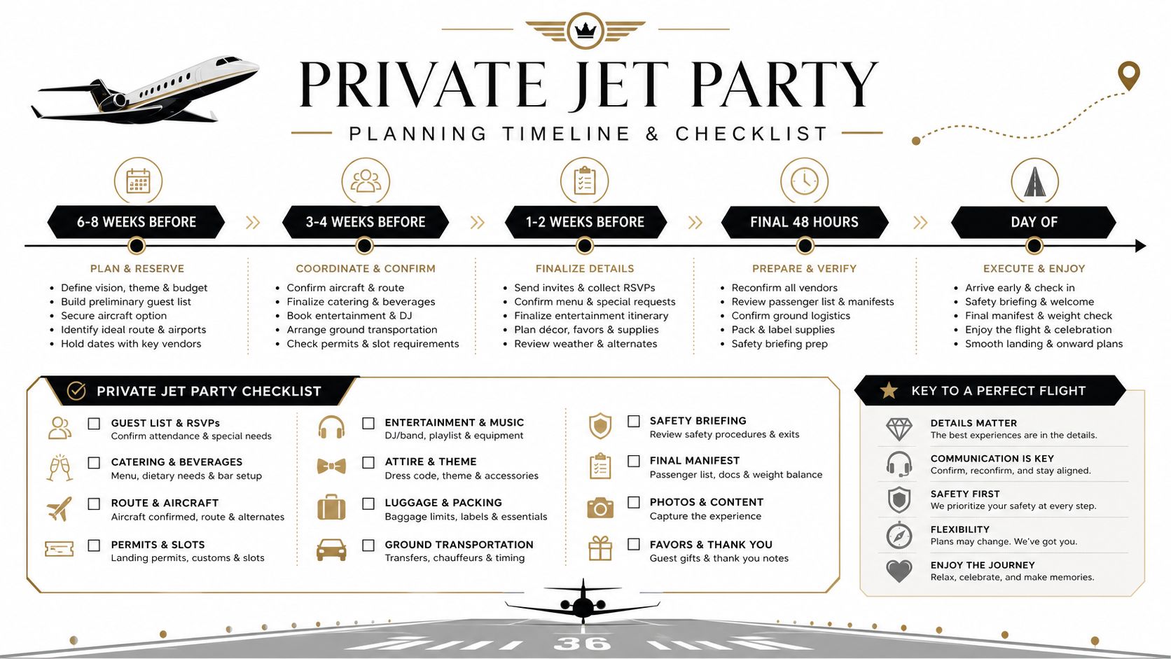 A detailed timeline and checklist infographic for planning and executing a luxury private jet party event.