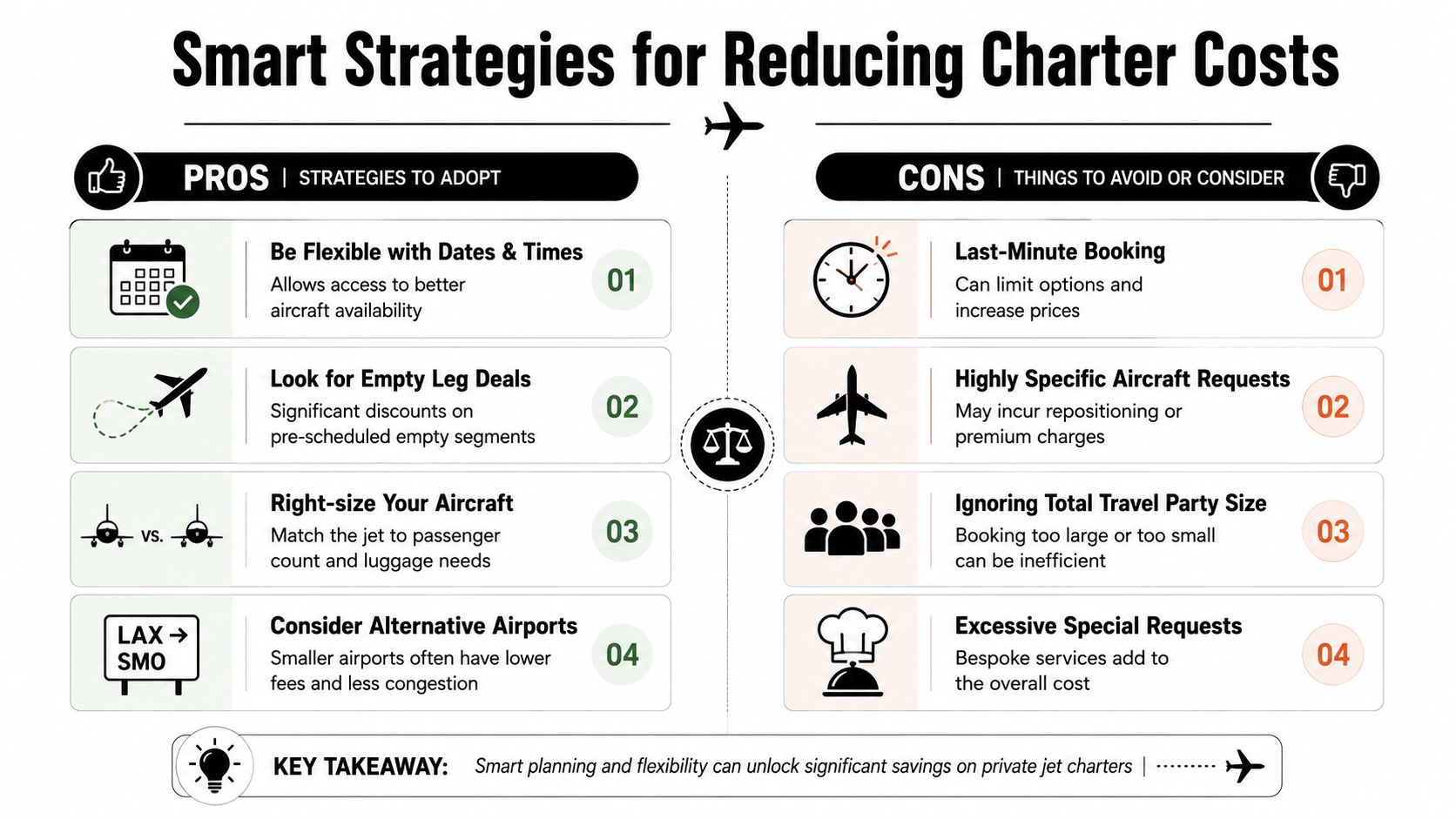 An infographic titled Smart Strategies for Reducing Charter Costs showing pros and cons of booking private jets.