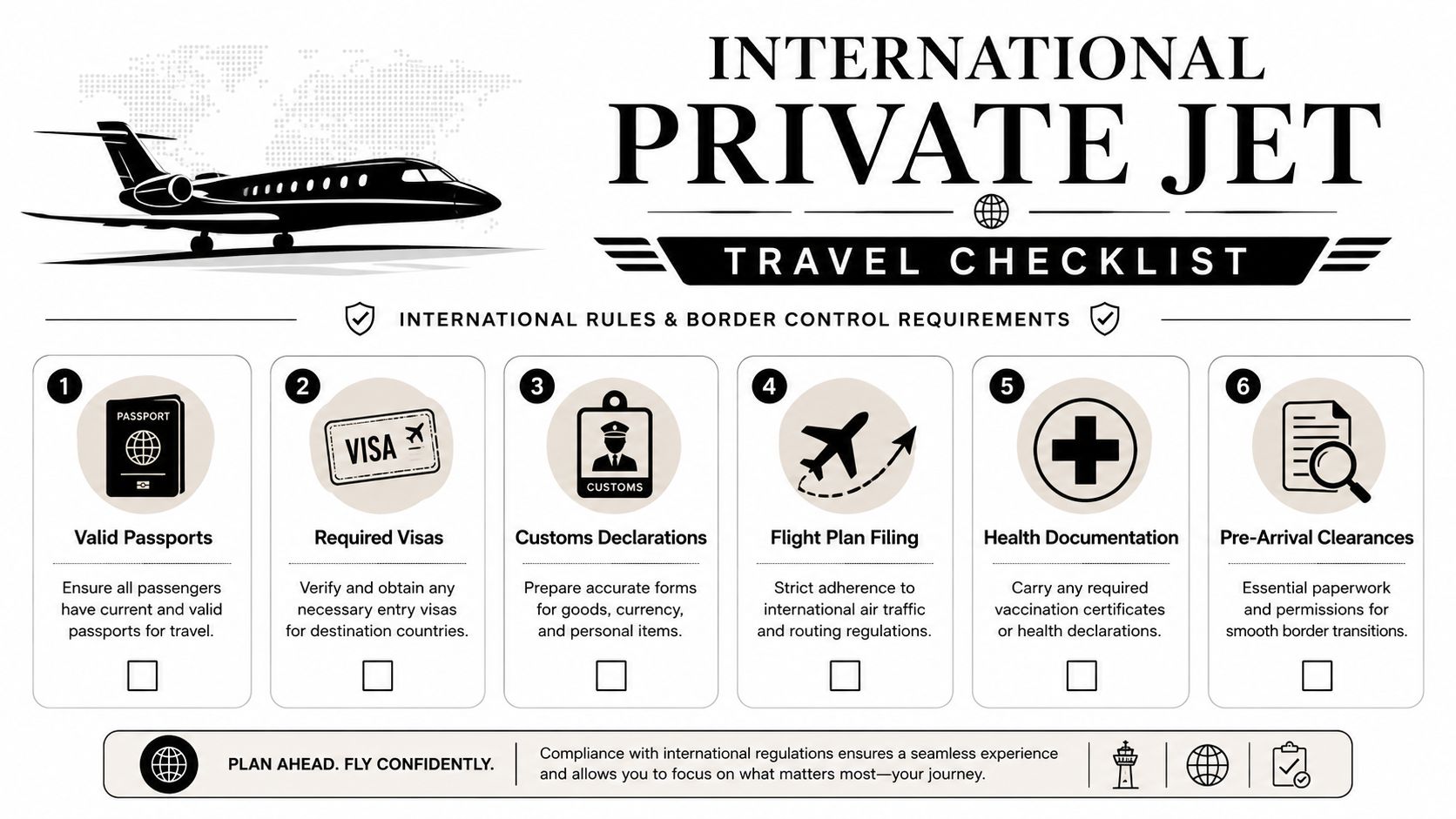 An infographic titled International Private Jet Travel Checklist displaying six essential steps for international border control compliance.